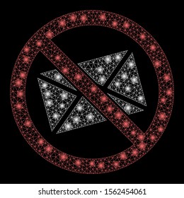 Glowing mesh no mail with glitter effect. Abstract illuminated model of no mail icon. Shiny wire carcass triangular mesh no mail. Vector abstraction on a black background.