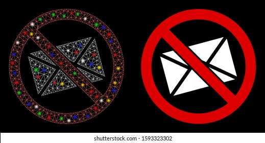Glowing mesh no mail icon with glare effect. Abstract illuminated model of no mail. Shiny wire frame polygonal network no mail icon. Vector abstraction on a black background.