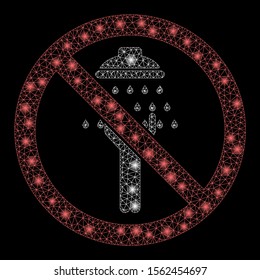 Glowing mesh no man shower with lightspot effect. Abstract illuminated model of no man shower icon. Shiny wire frame polygonal mesh no man shower. Vector abstraction on a black background.