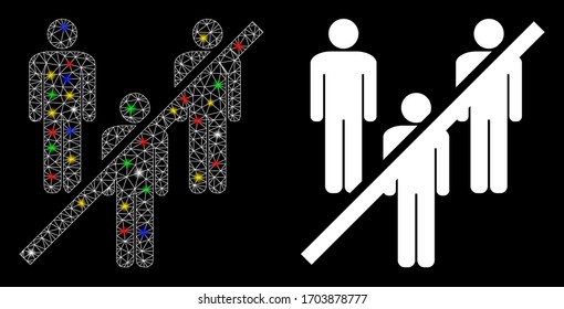 Glowing mesh no men group with sparkle effect. Abstract illuminated model of no men group icon. White wire carcass triangular mesh no men group and base icon. Vector abstraction on a black background.