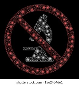Glowing mesh no microscope with glare effect. Abstract illuminated model of no microscope icon. Shiny wire frame polygonal mesh no microscope. Vector abstraction on a black background.