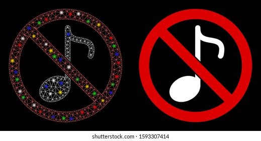 Glowing mesh no music note icon with glitter effect. Abstract illuminated model of no music note. Shiny wire carcass triangular mesh no music note icon. Vector abstraction on a black background.