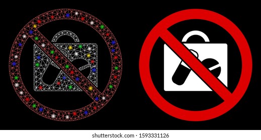 Glowing mesh no pharmacy icon with sparkle effect. Abstract illuminated model of no pharmacy. Shiny wire frame polygonal mesh no pharmacy icon. Vector abstraction on a black background.