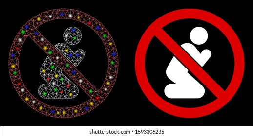 Glowing mesh no praying icon with glare effect. Abstract illuminated model of no praying. Shiny wire frame polygonal network no praying icon. Vector abstraction on a black background.