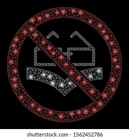 Glowing mesh no reading books with glare effect. Abstract illuminated model of no reading books icon. Shiny wire carcass triangular network no reading books. Vector abstraction on a black background.