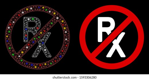 Glowing mesh no receipt icon with glare effect. Abstract illuminated model of no receipt. Shiny wire frame triangular mesh no receipt icon. Vector abstraction on a black background.