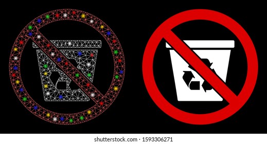 Glowing mesh no recycle can icon with sparkle effect. Abstract illuminated model of no recycle can. Shiny wire frame polygonal mesh no recycle can icon. Vector abstraction on a black background.