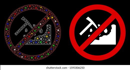 Glowing mesh no rock mining icon with glow effect. Abstract illuminated model of no rock mining. Shiny wire carcass polygonal mesh no rock mining icon. Vector abstraction on a black background.