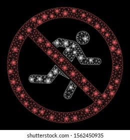 Glowing mesh no running with lightspot effect. Abstract illuminated model of no running icon. Shiny wire carcass triangular mesh no running. Vector abstraction on a black background.