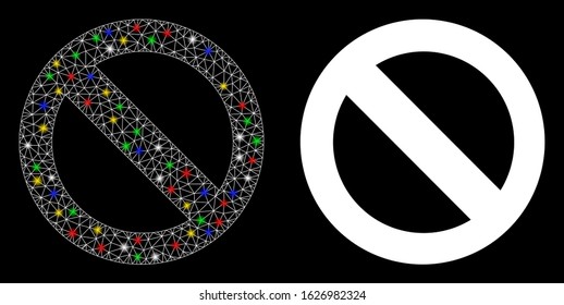 Glowing mesh no sign icon with lightspot effect. Abstract illuminated model of no sign. Shiny wire carcass triangular mesh no sign icon. Vector abstraction on a black background.