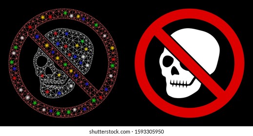 Glowing mesh no skeleton skull icon with glitter effect. Abstract illuminated model of no skeleton skull. Shiny wire carcass polygonal mesh no skeleton skull icon.