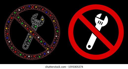 Glowing mesh no spanner icon with glitter effect. Abstract illuminated model of no spanner. Shiny wire frame polygonal network no spanner icon. Vector abstraction on a black background.