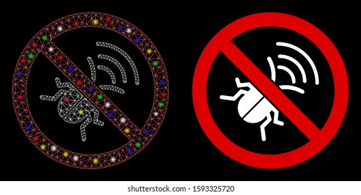 Glowing mesh no spy bug icon with glow effect. Abstract illuminated model of no spy bug. Shiny wire carcass triangular mesh no spy bug icon. Vector abstraction on a black background.