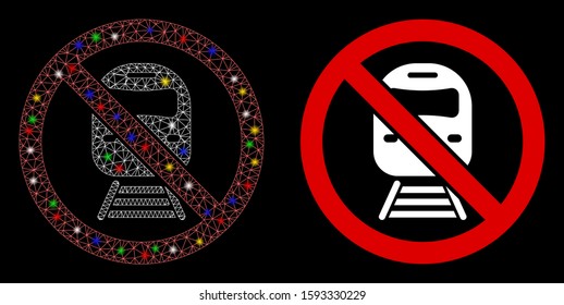 Glowing mesh no train icon with lightspot effect. Abstract illuminated model of no train. Shiny wire frame polygonal mesh no train icon. Vector abstraction on a black background.
