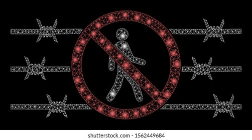 Glowing mesh no trespassing fence with glow effect. Abstract illuminated model of no trespassing fence icon. Shiny wire carcass polygonal mesh no trespassing fence.