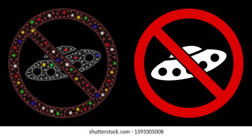 Glowing mesh no UFO icon with glare effect. Abstract illuminated model of no UFO. Shiny wire frame triangular mesh no UFO icon. Vector abstraction on a black background.