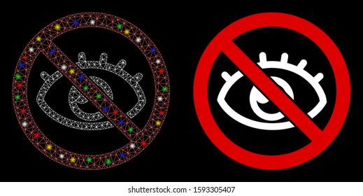 Glowing mesh no vision icon with glow effect. Abstract illuminated model of no vision. Shiny wire frame triangular mesh no vision icon. Vector abstraction on a black background.