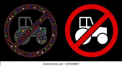 Glowing mesh no wheel tractor icon with sparkle effect. Abstract illuminated model of no wheel tractor. Shiny wire carcass triangular network no wheel tractor icon.