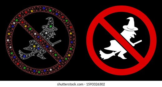 Glowing mesh no witch flights icon with glare effect. Abstract illuminated model of no witch flights. Shiny wire carcass polygonal mesh no witch flights icon. Vector abstraction on a black background.