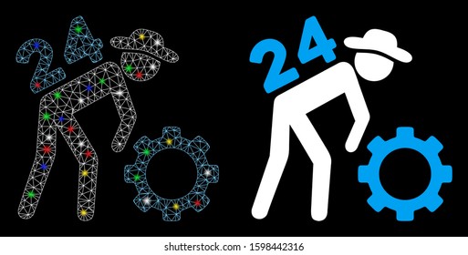 Glowing mesh nonstop working person icon with glare effect. Abstract illuminated model of nonstop working person. Shiny wire frame triangular mesh nonstop working person icon.