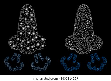 Glowing mesh nose breath with lightspot effect. Abstract illuminated model of nose breath icon. Shiny wire carcass polygonal mesh nose breath icon. Vector abstraction on a black background.