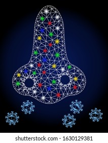 Glowing mesh nose flu sikness with glare effect. Abstract illuminated model of nose flu sikness. Shiny wire frame triangular network nose flu sikness icon.