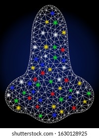 Glowing mesh nose with glare effect. Abstract illuminated model of nose. Shiny wire frame polygonal mesh nose icon. Vector abstraction on a dark blue gradient background.