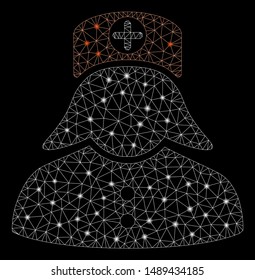 Glowing mesh nurse with glitter effect. Abstract illuminated model of nurse icon. Shiny wire carcass polygonal mesh nurse. Vector abstraction on a black background.