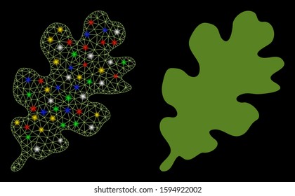 Glowing mesh oak leaf icon with glitter effect. Abstract illuminated model of oak leaf. Shiny wire frame polygonal mesh oak leaf icon. Vector abstraction on a black background.