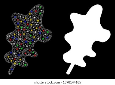 Glowing mesh oak leaf icon with glow effect. Abstract illuminated model of oak leaf. Shiny wire carcass polygonal mesh oak leaf icon. Vector abstraction on a black background.