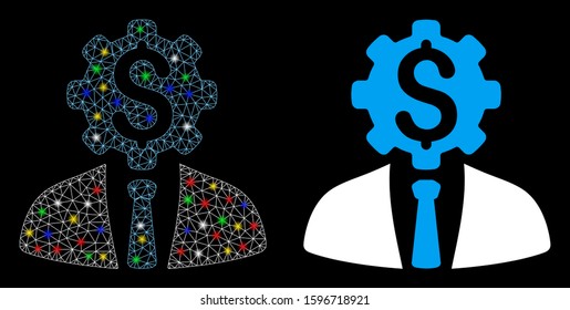 Glowing mesh office dollar gear worker icon with glitter effect. Abstract illuminated model of office dollar gear worker. Shiny wire frame polygonal mesh office dollar gear worker icon.