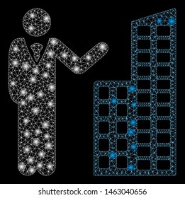Glowing mesh office presentation with glare effect. Abstract illuminated model of office presentation icon. Shiny wire frame polygonal mesh office presentation.