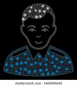 Glowing mesh officer with glow effect. Abstract illuminated model of officer icon. Shiny wire carcass polygonal network officer. Vector abstraction on a black background.