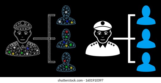 Glowing mesh officer subordinates icon with glitter effect. Abstract illuminated model of officer subordinates. Shiny wire carcass polygonal network officer subordinates icon.