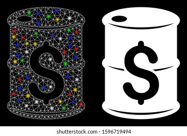 Glowing mesh oil barrel price icon with sparkle effect. Abstract illuminated model of oil barrel price. Shiny wire carcass triangular mesh oil barrel price icon.