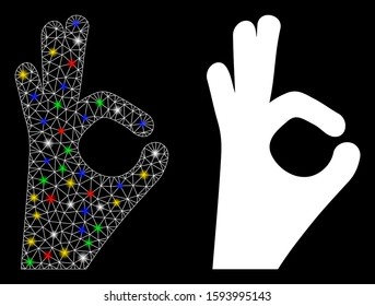 Glowing mesh okay gesture icon with glitter effect. Abstract illuminated model of okay gesture. Shiny wire frame polygonal network okay gesture icon. Vector abstraction on a black background.