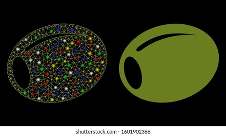 Glowing mesh olive icon with glitter effect. Abstract illuminated model of olive. Shiny wire frame triangular mesh olive icon. Vector abstraction on a black background.