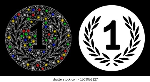 Glowing mesh one coin icon with glare effect. Abstract illuminated model of one coin. Shiny wire frame triangular network one coin icon. Vector abstraction on a black background.