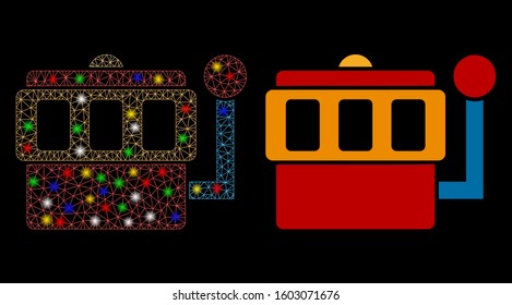 Glowing mesh one-armed bandit icon with glare effect. Abstract illuminated model of one-armed bandit. Shiny wire carcass polygonal mesh one-armed bandit icon. Vector abstraction on a black background.