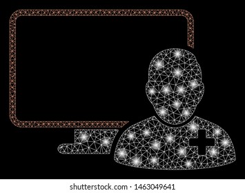 Glowing mesh online doctor with glare effect. Abstract illuminated model of online doctor icon. Shiny wire carcass polygonal mesh online doctor. Vector abstraction on a black background.