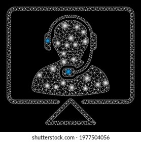 Glowing mesh online support with glitter effect. Abstract illuminated model of online support icon. Shiny wire frame polygonal mesh online support. Vector abstraction on a black background.