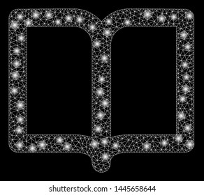Glowing mesh open book with sparkle effect. Abstract illuminated model of open book icon. Shiny wire carcass triangular network open book. Vector abstraction on a black background.