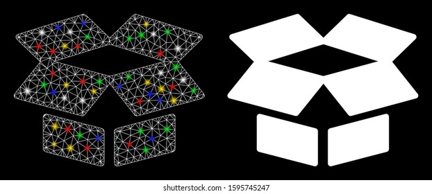 Glowing mesh open box icon with sparkle effect. Abstract illuminated model of open box. Shiny wire frame polygonal mesh open box icon. Vector abstraction on a black background.