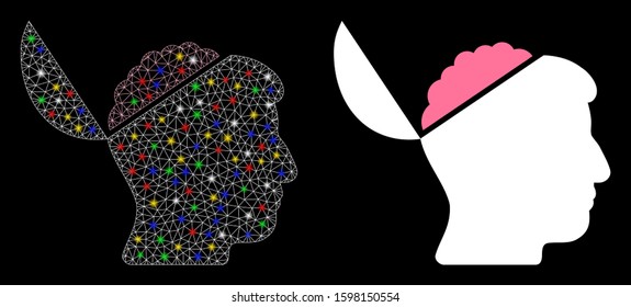 Glowing mesh open brain icon with glitter effect. Abstract illuminated model of open brain. Shiny wire carcass polygonal mesh open brain icon. Vector abstraction on a black background.