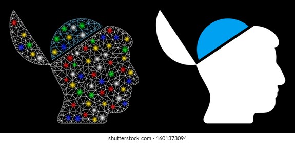 Glowing mesh open brain icon with lightspot effect. Abstract illuminated model of open brain. Shiny wire frame polygonal mesh open brain icon. Vector abstraction on a black background.