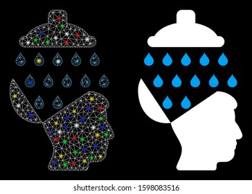 Glowing mesh open brain shower icon with glow effect. Abstract illuminated model of open brain shower. Shiny wire frame polygonal mesh open brain shower icon. Vector abstraction on a black background.