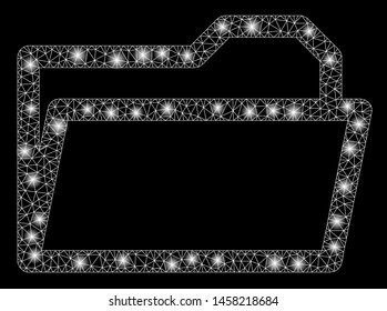 Glowing mesh open folder with glow effect. Abstract illuminated model of open folder icon. Shiny wire frame triangular mesh open folder. Vector abstraction on a black background.