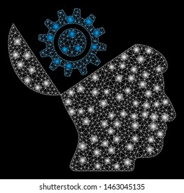 Glowing mesh open head gear with glare effect. Abstract illuminated model of open head gear icon. Shiny wire carcass triangular mesh open head gear. Vector abstraction on a black background.