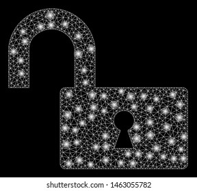 Glowing mesh open lock with glitter effect. Abstract illuminated model of open lock icon. Shiny wire carcass polygonal network open lock. Vector abstraction on a black background.
