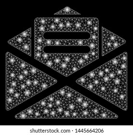 Glowing mesh open mail with glare effect. Abstract illuminated model of open mail icon. Shiny wire carcass polygonal network open mail. Vector abstraction on a black background.